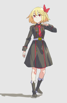  1girl alternate_costume ankle_boots belt black_boots black_dress blonde_hair boots breasts coat_dress commentary_request double-parted_bangs dress full_body grey_background hair_between_eyes hair_ribbon highres jack_(wkm74959) light_frown long_sleeves looking_at_viewer medium_dress medium_hair necktie red_dress red_eyes red_necktie red_ribbon ribbon rumia shadow simple_background small_breasts solo standing tie_clip touhou white_belt wing_collar 