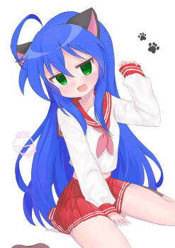  1girl :3 absurdres ahoge animal_ears blue_hair blush cat_day cat_ears green_eyes hand_on_floor hand_up highres izumi_konata kyoto_animation long_hair long_sleeves looking_at_viewer lucky_star meshisushi necktie on_floor open_mouth paw_print red_skirt ryouou_school_uniform school_uniform serafuku shirt simple_background sitting skirt solo very_long_hair white_background white_shirt 