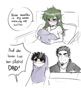  1girl 2boys 2koma after_birth and_he_looks_like_his_stupid_dad_(meme) baby bed black_hair blush carrying_baby carrying_person comic english facial_hair father_and_son green_hair hetero hospital_bed if_they_mated igarashi_futaba intravenous_drip meme mother_and_son multiple_boys panqlao senpai_ga_uzai_kouhai_no_hanashi sleeping stubble takeda_harumi  rating:General score:64 user:Anti_Gendou
