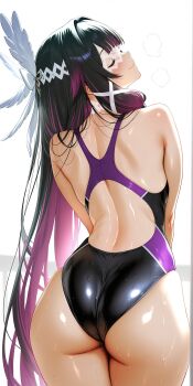 1girl absurdres alternate_costume ass ass_focus bare_shoulders black_hair blush closed_eyes columbina_(genshin_impact) competition_swimsuit eye_mask from_behind genshin_impact hair_ornament head_wings highres huge_ass long_hair mask multicolored_hair one-piece_swimsuit purple_hair smile solo swimsuit very_long_hair vita wet wet_clothes wings rating:Sensitive score:68 user:armorcrystal