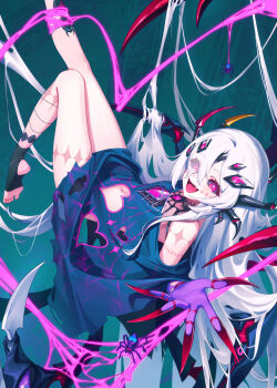  1girl :d animal arthropod_girl bare_shoulders black_socks blue_dress breasts bug character_request claw_ring clothing_cutout commentary deadnooodles dress dungeon_and_fighter eyes_visible_through_hair fangs feet_out_of_frame heart_cutout highres insect_girl knees_together_feet_apart long_hair looking_at_viewer looking_to_the_side navel no_shoes open_mouth purple_eyes small_breasts smile socks soles solo spider spider_girl stirrup_legwear symbol-only_commentary toeless_legwear very_long_hair white_hair 