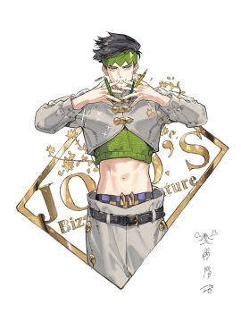  1boy art_brush belt belt_buckle black_hair boxcutter buckle commentary copyright_name cropped_jacket cropped_legs diamond_wa_kudakenai earrings green_eyes green_headband green_pants green_shirt headband holding holding_boxcutter holding_paintbrush holding_pencil jewelry jojo_no_kimyou_na_bouken kishibe_rohan looking_at_viewer male_focus midriff navel paintbrush pants parted_lips pencil shirt solo starshadowmagician 