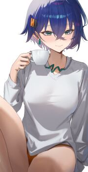  1girl alternate_costume belle_(zenless_zone_zero) blue_hair breasts cup earrings green_eyes grey_shirt hair_between_eyes hair_ornament highres holding holding_cup jewelry knee_up large_breasts letter_hair_ornament looking_at_viewer mug necklace neptune_illust orange_panties panties shirt short_hair smile solo underwear white_background zenless_zone_zero 