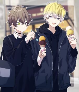  2boys alban_knox alternate_costume bag black_hoodie black_shirt blonde_hair blue_coat blue_eyes blurry blurry_background border brown_hair building closed_mouth coat collared_shirt commentary_request cowboy_shot food frown grey_eyes hand_in_pocket heterochromia highres holding holding_food holding_ice_cream_cone holding_spoon hood hoodie ice_cream ice_cream_cone jewelry long_sleeves looking_at_another male_focus multiple_boys nana72710193 nijisanji nijisanji_en open_mouth outdoors ring shirt smile sonny_brisko spoon undershirt virtual_youtuber white_shirt yellow_eyes 