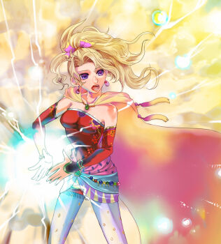  1990s_(style) amano_yoshitaka_design blonde_hair cape cotton_candy_(artist) earrings elbow_gloves final_fantasy final_fantasy_vi gloves hair_ornament jewelry long_hair magic open_mouth pantyhose ponytail purple_eyes retro_artstyle ribbon sash tina_branford 