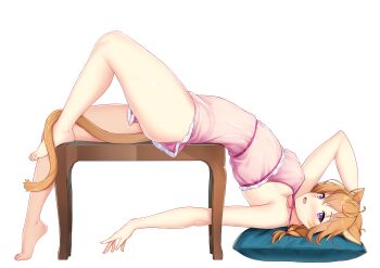  1girl absurdres animal_ears animal_print bare_shoulders barefoot belly blush braid breasts cat_ears cat_girl cat_panties cat_print commission commissioner_upload covered_erect_nipples facepaint facial_mark fang fire_emblem fire_emblem:_path_of_radiance fire_emblem:_radiant_dawn frills highres large_variant_set looking_at_viewer lying lyre_(fire_emblem) medium_breasts messy_hair nabunabu navel nightgown nintendo nipples no_bra open_mouth orange_hair orange_tail panties pillow pink_nightgown pink_panties print_panties purple_eyes see-through_clothes solo stomach thick_thighs thighs underwear variant_set whisker_markings white_background 