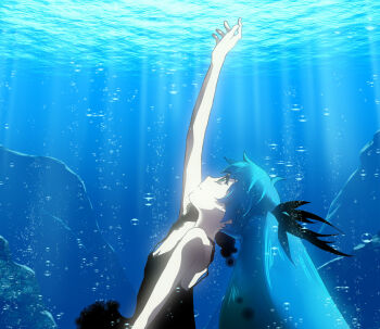  1girl air_bubble aqua_eyes aqua_hair arm_up black_dress bubble dress female_focus haruyo_(imokenp) hatsune_miku light_rays long_hair looking_up outstretched_arm profile shinkai_shoujo_(vocaloid) solo sunbeam sunlight twintails underwater vocaloid water  rating:Sensitive score:9 user:danbooru