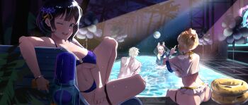  2boys 2girls absurdres ass ball balloon beach_chair beachball bikini black_hair black_jacket blonde_hair blue_bikini blue_eyes blush breasts brown_dust_(series) brown_dust_2 chancer_2t308 flower frilled_bikini frills from_behind gray_(brown_dust) hair_flower hair_ornament highres holding holding_water_gun in_water innertube jacket justia_(brown_dust) justia_(pool_party)_(brown_dust) large_breasts lathel_(brown_dust) looking_at_viewer lying multiple_boys multiple_girls navel night on_side one_eye_closed palm_tree pool poolside scheherazade_(brown_dust) scheherazade_(pool_party)_(brown_dust) shirt short_hair sitting sky smile spotlight stomach swim_ring swimsuit thigh_strap topless_male tree underboob water_gun water_volleyball wet wet_clothes white_bikini white_hair white_shirt 