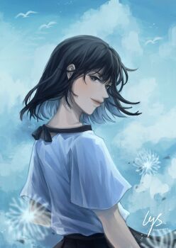  1girl asamanemo black_eyes black_hair black_skirt blouse bob_cut colored_inner_hair commentary dandelion english_commentary flower han_sooyoung highres looking_at_viewer multicolored_hair omniscient_reader's_viewpoint outdoors shirt short_hair simple_bird skirt smile solo upper_body white_shirt wind wind_lift 