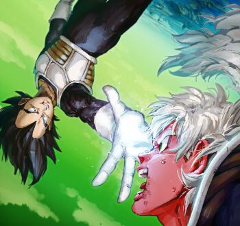  2boys armor black_bodysuit bodysuit cha_sushi colored_skin commentary_request dragon_ball dragonball_z gloves glowing green_eyes green_sky jeice long_hair male_focus medium_hair multiple_boys namek open_mouth parted_lips red_skin saiyan_armor sky smirk spiked_hair upside-down vegeta white_armor white_gloves white_hair 