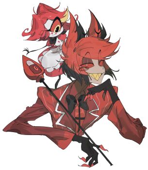  1boy 1girl absurdres alastor_(hazbin_hotel) bird2120rm black_hair colored_sclera commentary cropped_torso formal_clothes grin hazbin_hotel hellaverse highres niffty_(hazbin_hotel) one-eyed red_eyes red_hair red_sclera sharp_teeth short_hair simple_background size_difference smile teeth untranslatable_commentary white_background 