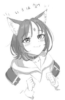  1girl animal_ears blush cho_kaguya-hime! choker closed_mouth commentary_request fox_ears fox_girl greyscale hand_up haniwa_no_fuuraiboo hood hood_down hoodie long_sleeves looking_at_viewer monochrome paint_chat_(medium) sakayori_iroha short_hair simple_background smile solo translated white_background 