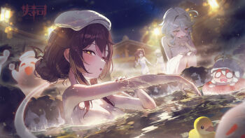  5girls absurdres bathing blush boo_tao_(genshin_impact) breasts brown_hair commentary_request fischl_(genshin_impact) flower-shaped_pupils furina_(genshin_impact) genshin_impact grey_hair hair_up highres hu_tao_(genshin_impact) looking_at_viewer medium_breasts mona_(genshin_impact) multiple_girls naked_towel night onsen paimon_(genshin_impact) parted_lips partially_submerged red_nails rubber_duck same-sex_bathing shared_bathing sushispin swim_ring symbol-shaped_pupils towel towel_on_head water wavy_hair 