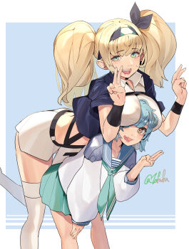  2girls absurdres between_breasts blonde_hair blue_background blue_eyes blue_hair blue_jacket blue_sailor_collar blush breasts collared_shirt commentary_request dixie_cup_hat double_bun fuwafuwatoufu gambier_bay_(kancolle) gambier_bay_mk_ii_(kancolle) hair_between_eyes hair_bun hairband hat highres jacket kantai_collection large_breasts long_hair long_sleeves military_hat multiple_girls navel open_mouth pleated_skirt ribbon sailor_collar samuel_b._roberts_(kancolle) school_uniform serafuku shirt short_hair signature skirt smile thighhighs twintails white_background white_hat white_shirt 