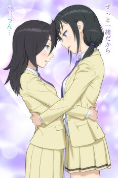  2girls absurdres bags_under_eyes black_hair blazer blush check_translation facing_another green_eyes highres hug ichikawa_masahiro jacket kuroki_tomoko long_hair low_twintails multiple_girls necktie purple_eyes purple_necktie school_uniform skirt smile speech_bubble tamura_yuri translation_request twintails watashi_ga_motenai_no_wa_dou_kangaetemo_omaera_ga_warui! yellow_skirt yuri 