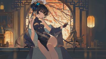  1girl absurdres ankry bare_shoulders black_dress black_gloves black_hair blue_archive blush breasts butterfly_hair_ornament china_dress chinese_clothes closed_mouth commentary_request cup double_bun dragon_print dress gloves grey_eyes grey_halo grey_jacket hair_bun hair_ornament halo highres holding holding_cup jacket kisaki_(blue_archive) looking_at_viewer open_clothes open_jacket pelvic_curtain side_slit sitting sleeveless sleeveless_dress small_breasts solo striped_clothes striped_jacket twintails vertical-striped_clothes vertical-striped_jacket 