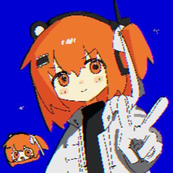  1girl a.i._voice adachi_rei black_shirt blue_background chromatic_aberration closed_mouth gloves jacket jaggy_lines looking_at_viewer medium_hair open_clothes open_jacket orange_eyes orange_hair sakakiai shirt simple_background smile upper_body utau v white_gloves white_jacket 