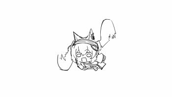  1girl absurdres angelina_(arknights) animal_ears animated animated_gif arknights bag chibi chinese_commentary commentary_request earclip earpiece fox_ears full_body greyscale hairband helicopter_hair highres jacket long_hair long_sleeves madeli_si_ji making-of messenger_bag monochrome open_clothes open_jacket open_mouth piercing shoulder_bag simple_background solo striped_clothes striped_hairband twintails white_background 