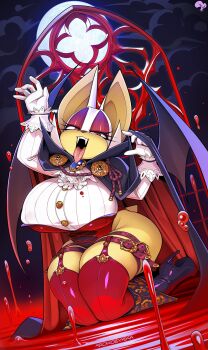  1girl alternate_costume animal_ears arms_up ascot bat_ears bat_girl bat_wings black_boots black_cape blood blood_drop blood_on_clothes boots brooch cape eyeshadow fangs floating_liquid frilled_ascot frills full_body full_moon furry furry_female garter_straps gloves half-closed_eyes halloween_costume hemokinesis high_heel_boots high_heels highres jewelry knee_boots kneeling krokobyaka leotard long_eyelashes long_sleeves long_tongue makeup moon night open_mouth pool_of_blood red_cape red_eyes red_eyeshadow red_leotard red_thighhighs rouge_the_bat shirt short_tail smile solo sonic_(series) strapless strapless_leotard tail teeth thighhighs tongue tongue_out two-sided_cape two-sided_fabric upper_teeth_only vampire white_fur white_gloves white_shirt wings 