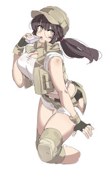  1girl baseball_cap belt breasts brown_eyes brown_hair clothing_cutout crop_top drink_carton fingerless_gloves fio_germi glasses gloves hat highres hip_vent holding holding_drink_carton huanxiang_huifeng juice_box knee_pads large_breasts metal_slug midriff open_clothes open_mouth open_vest ponytail round_eyewear short_shorts shorts solo tank_top utility_vest vest white_tank_top 