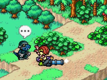 commandramon digimon digimon_(creature) floramon gatling_gun happy helmet looking_at_another minigun sharp_teeth teeth temp_otherworld