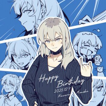  1girl =_= beer_can black_choker black_sweater can cat character_name chinese_commentary choker commentary_request dated drink_can ear_piercing fang girls_band_cry girls_band_cry_rpg grey_hair hand_on_own_hip happy_birthday holding holding_can kawaragi_momoka long_hair multicolored_hair open_mouth piercing pinky_out roots_(hair) sweatdrop sweater white_background xunyu_(manyu) 