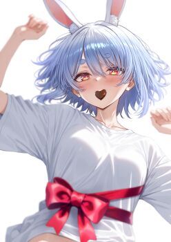  1girl animal_ear_fluff animal_ears blue_hair blush breasts candy chocolate chocolate_heart commentary_request extra_ears food food_in_mouth heart heart-shaped_food highres hikimayu hololive looking_at_viewer lying medium_breasts mouth_hold nyarurato0debu on_back rabbit-shaped_pupils rabbit_ears rabbit_girl red_eyes red_ribbon ribbon shirt short_eyebrows short_hair simple_background solo symbol-shaped_pupils t-shirt thick_eyebrows usada_pekora virtual_youtuber white_background white_shirt 