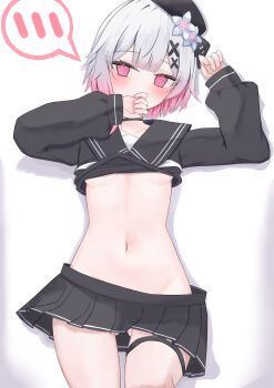  1girl @_@ absurdres beret black_choker black_hat black_ribbon black_serafuku black_shirt black_skirt blush breasts center-flap_bangs choker clothes_lift commentary_request covering_own_mouth cowboy_shot double-parted_bangs embarrassed flower gluteal_fold gradient_hair groin hair_flower hair_ornament hair_ribbon hand_over_own_mouth hat highres icedream long_sleeves looking_at_viewer mahou_shoujo_no_majo_saiban miniskirt multicolored_hair no_bra no_panties pink_hair pink_nails pleated_skirt ribbon sakuraba_ema school_uniform serafuku shirt shirt_lift short_hair simple_background skirt small_breasts solo straight-on thigh_strap two-tone_hair underboob upskirt white_background white_flower white_hair x_hair_ornament 