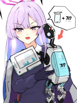  2girls arona_(blue_archive) blue_archive blush commentary_request contrapposto floating_headgear gloves hairband halo headgear highres jacket jacket_on_shoulders jamamo long_hair long_sleeves metal_gear_(series) metal_gear_mk._ii metal_gear_solid_4:_guns_of_the_patriots millennium_science_school_logo multiple_girls purple_eyes purple_gloves purple_hair purple_shirt shirt simple_background sparkling_eyes tsurime utaha_(blue_archive) very_long_hair waving white_background 