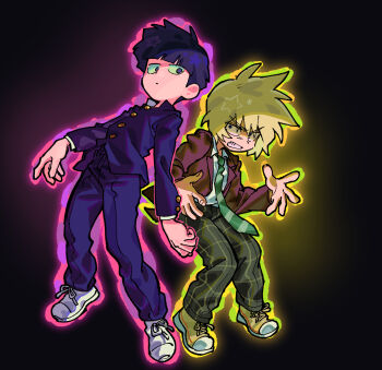  2boys angry aura black_background black_vinegar_middle_school_uniform blazer bowl_cut buttoned_cuffs buttons commentary expressionless floating floating_hair formal_clothes gakuran glowing hanazawa_teruki haneu highres jacket kageyama_shigeo levitation looking_at_another looking_back looking_to_the_side male_focus mob_psycho_100 multiple_boys necktie pants plaid_clothes plaid_pants purple_jacket purple_suit salt_middle_school_uniform school_uniform shoes sneakers striped_clothes striped_necktie suit 