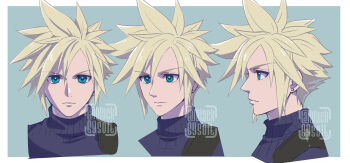  1boy black69solt blonde_hair blue_eyes blue_sweater closed_mouth cloud_strife commentary_request earrings final_fantasy final_fantasy_vii final_fantasy_vii_remake from_side highres jewelry male_focus multiple_views portrait profile ribbed_sweater short_hair signature sleeveless sleeveless_turtleneck solo spiked_hair straight-on stud_earrings sweater turtleneck turtleneck_sweater upper_body 