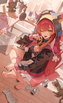  1girl absurdres barefoot breasts cat cleavage feet goggles goggles_on_head highres hood kagemoe1003 leg_warmers light_blush long_hair looking_at_viewer nekota_tsuna one_eye_closed open_mouth red_hair sitting soles toes tongue tongue_out vspo! yellow_eyes 