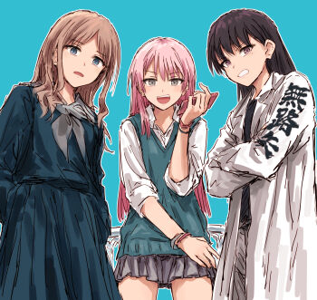  3girls :d bad_id bad_twitter_id bang_dream! bang_dream!_it's_mygo!!!!! black_hair black_shirt blue_background blue_eyes blue_serafuku blue_shirt blue_skirt brown_hair cellphone chihaya_anon clenched_teeth collared_shirt cowboy_shot green_sweater_vest grey_eyes grey_neckerchief grey_sailor_collar hands_in_pockets highres holding holding_phone lab_coat long_sleeves looking_at_viewer medium_skirt miniskirt mole mole_under_eye multiple_girls nagasaki_soyo neckerchief open_collar open_mouth outline phone pleated_skirt purple_eyes sailor_collar school_uniform serafuku shiina_taki shirt simple_background skirt smartphone smile sweater_vest teeth tsukinomori_school_uniform v-shaped_eyebrows white_outline white_shirt yukitake_(bullfalk) 