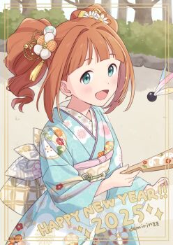  1girl 2025 commentary_request demirinz green_eyes hair_ornament hane_(hanetsuki) hanetsuki happy_new_year highres idolmaster idolmaster_(classic) japanese_clothes kanzashi kimono new_year open_mouth orange_hair outdoors print_kimono smile solo takatsuki_yayoi twintails 
