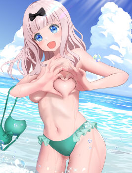 1girl :d bikini black_bow blue_eyes blue_sky blunt_bangs blush bow breasts cloud cloudy_sky collarbone contrapposto cowboy_shot day frills fujiwara_chika gibun_(sozoshu) green_bikini hair_bow heart heart-shaped_boob_challenge heart_hands highres kaguya-sama_wa_kokurasetai_~tensai-tachi_no_renai_zunousen~ long_hair looking_at_viewer md5_mismatch medium_breasts navel ocean open_mouth outdoors pink_hair sky smile solo stomach swimsuit topless_female unworn_bikini wading water rating:Sensitive score:242 user:danbooru