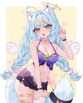  1girl absurdres ahoge animal_ear_fluff animal_ears artist_name black_shorts braid breasts cat_ears cat_girl cleavage collarbone commentary commission crescent detached_wings fang frilled_wrist_cuffs frills halo heart highres indie_virtual_youtuber kaisecho navel open_mouth rinne_(rinne_oi) shorts skin_fang solo tail twin_braids virtual_youtuber white_wings wings wrist_cuffs yellow_eyes 