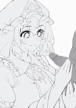  1girl animated animated_gif blinking blush censored frilled_kimono frills ghost handjob hat hetero japanese_clothes kimono lineart looping_animation mob_cap mosaic_censoring penis perfect_cherry_blossom saigyouji_yuyuko short_hair solo_focus testicle_grab testicles touhou triangular_headpiece umezawa_itte 