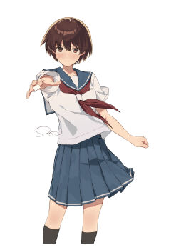  1girl bad_id bad_twitter_id black_socks blue_sailor_collar blue_skirt brown_eyes brown_hair cropped_legs floating_clothes highres holding holding_mahjong_tile kiyosumi_school_uniform kneehighs looking_at_viewer mahjong mahjong_tile miyanaga_saki neckerchief outstretched_arm pleated_skirt red_neckerchief sailor_collar saki_(manga) sanpo_(sanpo_1027) school_uniform serafuku shirt short_hair short_sleeves signature simple_background skirt socks solo split_mouth white_background white_shirt 