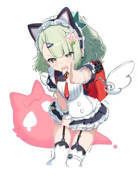  1girl absurdres anger_vein animal_ear_hairband animal_ears bag bell black_dress black_garter_straps blush cat_ear_hairband cat_ears cowboy_shot dress dress_tug earrings fake_animal_ears frilled_dress frilled_sleeves frills garter_straps ghost_hair_ornament green_eyes green_hair hair_ornament hairband heart heart_earrings highres jewelry maid maid_headdress multiple_hair_clips neck_bell noiriririri official_alternate_costume open_mouth pointing pointing_at_viewer ponytail red_bag simple_background solo sunna_(afternoon_tea_break)_(zenless_zone_zero) sunna_(zenless_zone_zero) tears triangle_hair_ornament v-shaped_eyebrows white_background white_wings winged_bag wings zenless_zone_zero  rating:Sensitive score:13 user:danbooru