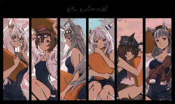  6+girls ahoge animal_ears beanie biwa_hayahide_(umamusume) blue_eyes blue_one-piece_swimsuit blunt_bangs bow breasts brown_eyes brown_hair brown_hat closed_mouth commentary_request competition_school_swimsuit crown domdam80 ear_bow ear_covers ear_ornament ears_through_headwear eyewear_on_head frown glasses gold_ship_(umamusume) grey_hair grey_hat hair_between_eyes hair_ornament hairband hat highres hishi_miracle_(umamusume) holding holding_kickboard horse_ears horse_girl horse_tail kickboard large_breasts long_hair medium_breasts medium_hair mini_crown multicolored_hair multiple_girls nakayama_festa_(umamusume) oguri_cap_(umamusume) one-piece_swimsuit open_clothes open_shirt parted_lips pillbox_hat pink_crown purple-tinted_eyewear purple_bow purple_eyes red_shirt school_swimsuit semi-rimless_eyewear shirt short_hair single_vertical_stripe smile sunglasses swimsuit t.m._opera_o_(umamusume) tail tied_shirt tinted_eyewear tracen_swimsuit umamusume under-rim_eyewear white_shirt yellow_eyes 