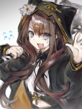  1girl :3 animal_ears ankh arknights baihuan black_jacket black_ribbon blue_eyes brown_hair cat_ears collared_shirt drawn_whiskers flat_chest gold_trim highres hood hooded_jacket jacket long_hair neck_ribbon open_mouth pepe_(arknights) ribbon shirt smile solo two-sided_fabric two-sided_jacket white_background white_shirt  rating:General score:3 user:danbooru
