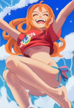  1girl arms_up bare_legs barefoot bikini breasts closed_eyes commentary_request earrings highres jewelry jumping legs long_hair medium_breasts nami_(one_piece) ocean official_alternate_costume one_piece open_mouth orange_hair outdoors pandar_op pearl_earrings red_shirt shirt short_sleeves side-tie_bikini_bottom smile solo swimsuit underboob water waves wavy_hair wet 
