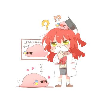  !? >_< 1girl ? bocchi_the_rock! bow bowtie brown_shoes buttons chibi chibi_only coat commentary_request fake_facial_hair fake_mustache gotoh_hitori gotoh_hitori_(octopus) gotoh_hitori_(tsuchinoko) grey_skirt hand_in_pocket hat kita_ikuyo loafers long_hair long_sleeves mini_person minigirl mortarboard one_side_up open_clothes open_coat pleated_skirt rebecca_(keinelove) red_bow red_bowtie red_hair shoes skirt socks standing thinking translation_request white_coat white_socks yellow_eyes 