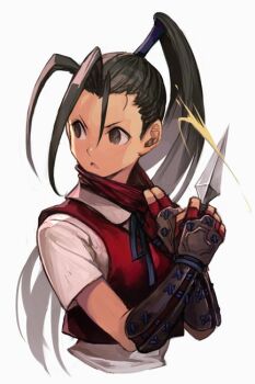  1girl blue_ribbon bracer brown_eyes brown_hair capcom collared_shirt female_focus fingerless_gloves gloves grey_background holding holding_weapon hungry_clicker ibuki_(street_fighter) kunai neck_ribbon parted_lips ponytail red_gloves red_vest ribbon shirt short_sleeves simple_background solo street_fighter street_fighter_iii vest weapon white_shirt 