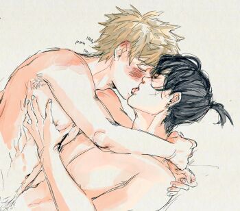  2boys adam's_apple armpit_hair black_hair blonde_hair blush boy_on_top chainsaw_man closed_eyes commentary denji_(chainsaw_man) ear_blush earrings english_commentary french_kiss hand_on_another's_cheek hand_on_another's_face hayakawa_aki highres jewelry kiss male_focus multiple_boys navel navel_hair nipples nude pull_cord rxdkxssxs short_hair topknot upper_body yaoi 