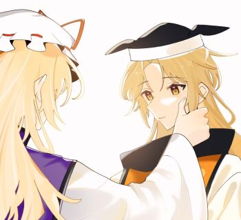  2girls black_hat blonde_hair commentary crying crying_with_eyes_open dress gawa_(floor_ok_) hat hat_ribbon long_hair long_sleeves matara_okina mob_cap multiple_girls orange_tabard purple_tabard red_ribbon ribbon simple_background tabard tears touhou white_background white_dress wide_sleeves wiping_tears yakumo_yukari yellow_eyes 