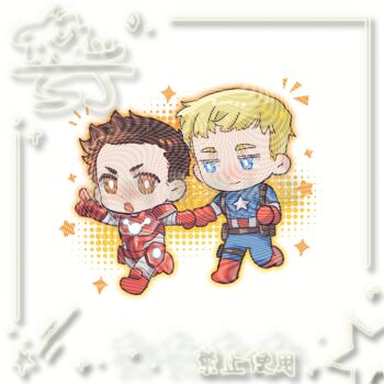  2boys arc_reactor arm_up armor avengers_(series) avengers_academy belt blonde_hair blue_bodysuit blue_eyes bodysuit boots bright_pupils brown_belt brown_eyes brown_hair captain_america chibi chibi_only clenched_hand closed_mouth commission full_armor full_body gloves grey_armor half-closed_eyes highres holding_hands iron_man looking_at_another looking_up male_focus marvel multicolored_armor multiple_boys notice_lines open_mouth pocket pointing power_armor red_armor red_boots red_gloves running shajiang144584 short_hair simple_background smile sparkle star_(symbol) star_print steve_rogers striped_bodysuit superhero_costume thigh_strap tony_stark v-shaped_eyebrows white_background white_pupils yaoi 