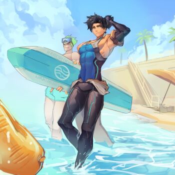  2boys arm_up armpits bare_shoulders beach black_hair black_pants blue_tank_top bodysuit brown_eyes clothes_around_waist collarbone commentary covered_abs diving_mask elbow_gloves english_commentary eyewear_on_head genji_(overwatch) gloves goggles hair_bun hand_on_own_head hardcorechewie4 highres holding holding_surfboard multiple_boys muscular muscular_male overwatch palm_tree pants parasol pectorals seaside single_elbow_glove sketch sky sleeveless sleeveless_bodysuit surfboard tank_top tight_clothes toned toned_male tree umbrella unfinished water wuyang_(overwatch) 