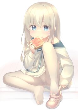  1girl absurdres blonde_hair blue_eyes bread bread_slice dress eating feet female_focus food food_on_face food_print fruit_print full_body highres knee_up loli long_hair long_sleeves looking_at_viewer off_shoulder original panties panties_under_pantyhose pantyhose pantyshot pink_shoes print_panties see-through_clothes senifu shoes simple_background single_shoe sitting soles solo spread_legs strawberry_jam strawberry_print toast toes underwear upskirt white_background white_dress white_panties white_pantyhose white_sleeves  rating:Sensitive score:142 user:danbooru