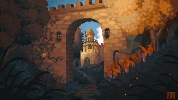  animated animated_gif artist_logo autumn battlement blue_sky chimney defensive_wall fireflies grass highres logo looping_animation no_humans original outdoors pixel_art plant rock scenery scrunchybean sky stone_walkway tower tree vines wind 